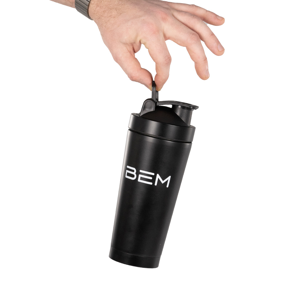 BEM stainless steel protein shaker with shaking ball and one-touch tilt cap, 750 ml