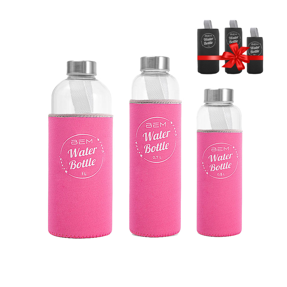 BEM Water Bottle-SET: 3 x water bottles each in black cover +