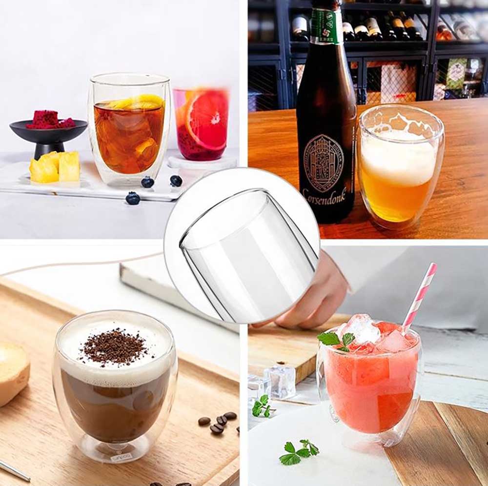 Set of 8: Four double-walled cappuccino glasses (330 ml each) &amp; four glass straws