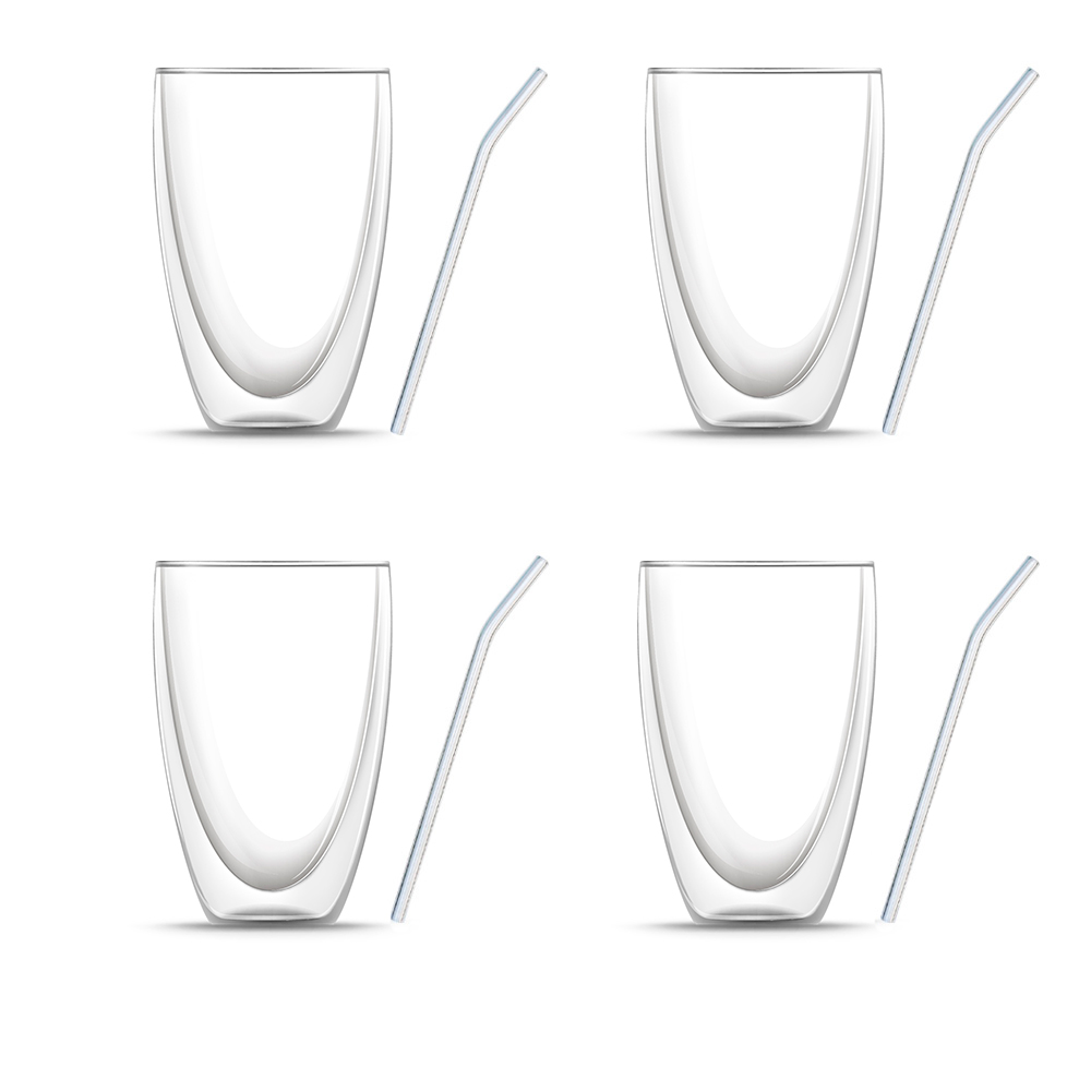 Set of 8: Four double-walled latte macchiato glasses (440 ml each) &amp; four glass straws