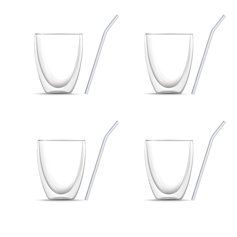 Set of 8: Four double-walled cappuccino glasses (330 ml each) &amp; four glass straws